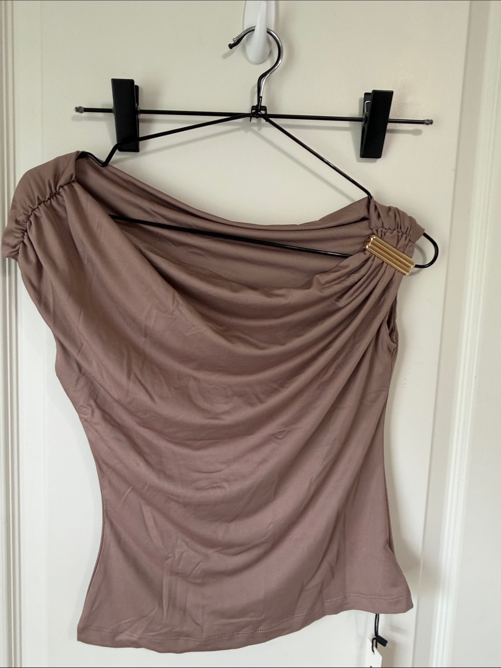 Commense Mauve-Brown Off-Shoulder Draped Top